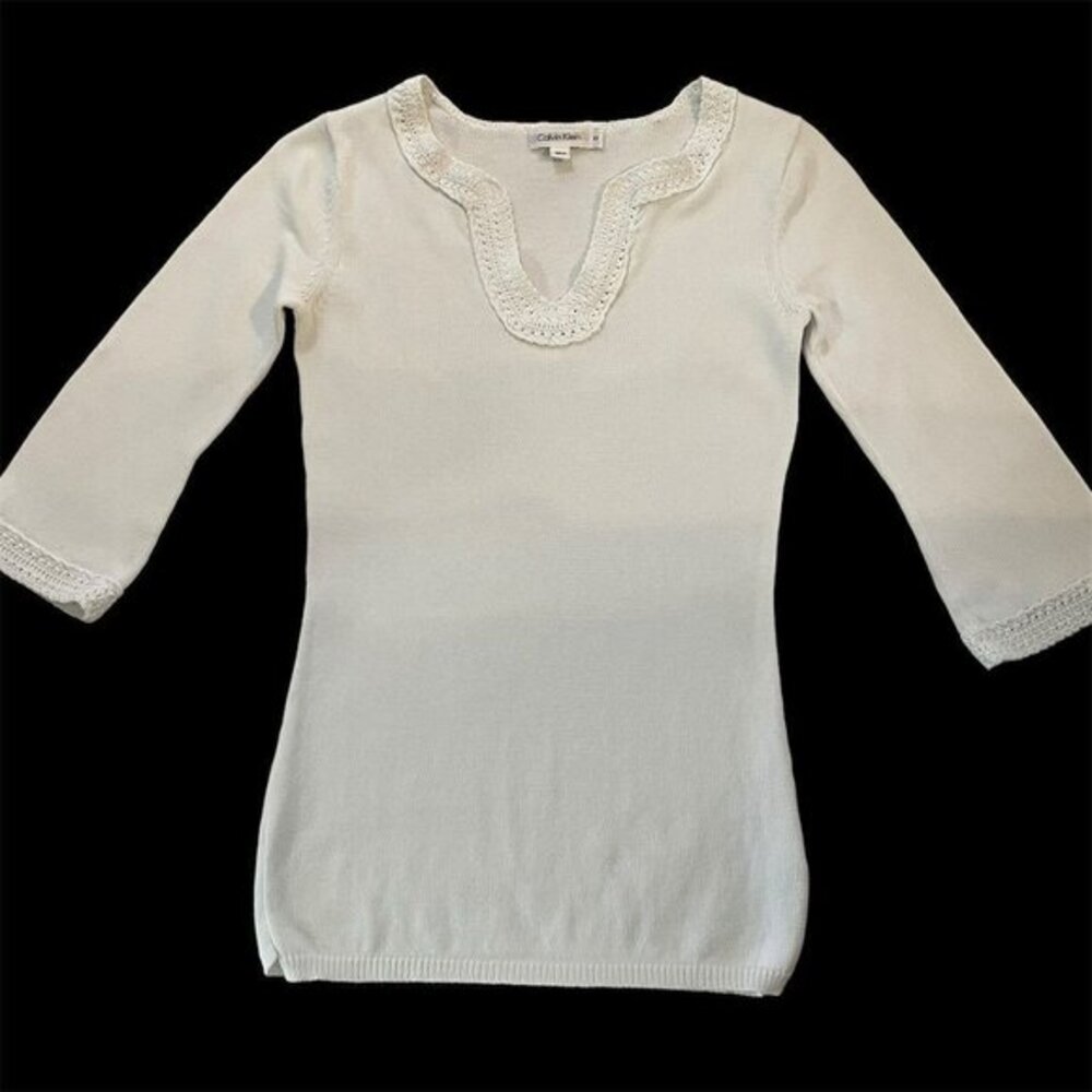 Calvin Klein Women's XS Cream V-Neck‎ Sweater 3/4 Sleeve Lace Trim